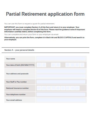 partial retirement application form template