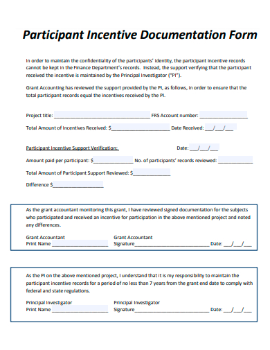 participant incentive documentation form template
