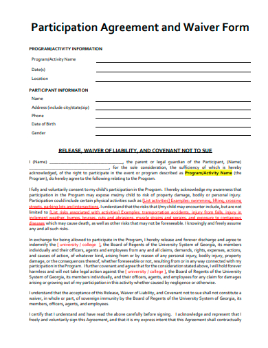 participation agreement and waiver form template