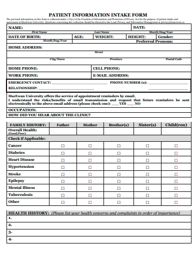 patient information intake form template