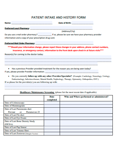patient intake and history form template