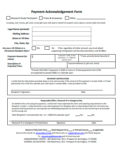 payment acknowledgement form template