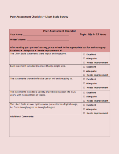 peer assessment survey checklist
