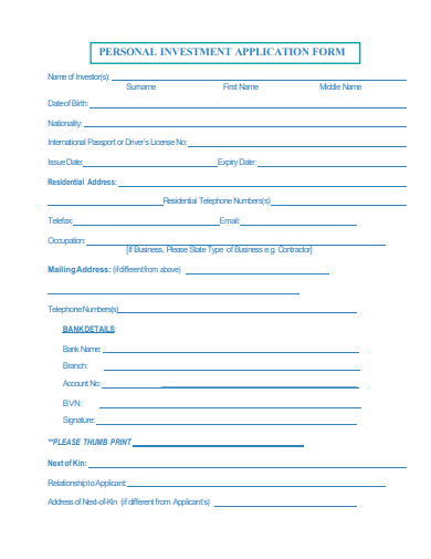 personal investment application form template
