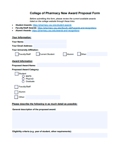 pharmacy new award proposal form template