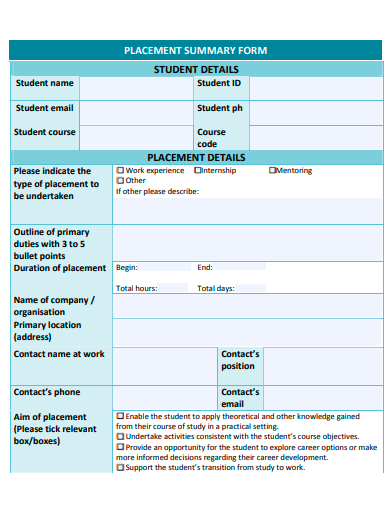 placement summary form template