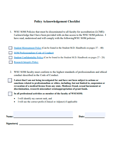 policy acknowledgement checklist template