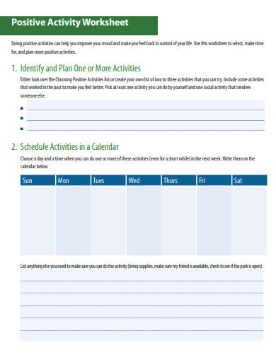 positive activity worksheet template