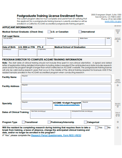 postgraduate training license enrollment form template