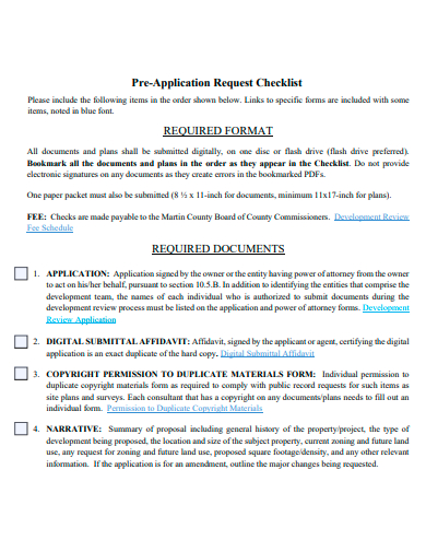 pre application request checklist template