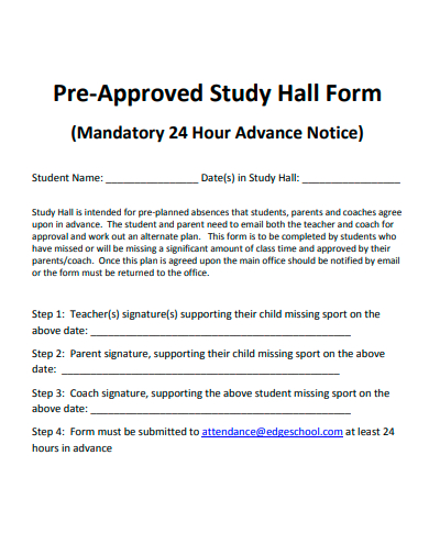 pre approved study hall form template