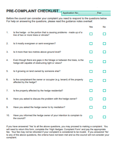 pre complaint checklist template