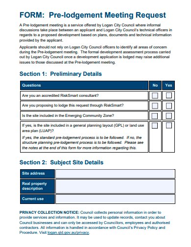 pre lodgement meeting request form template