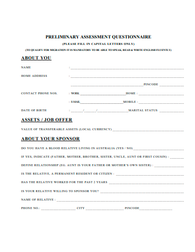 preliminary assessment questionnaire template