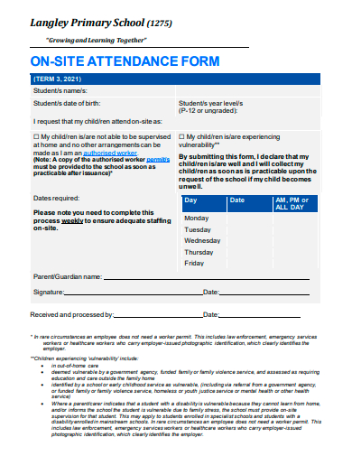 primary school on site attendance form template