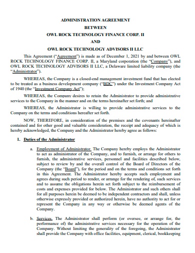printable administration agreement template