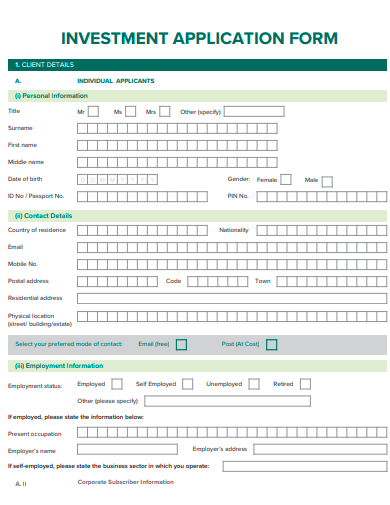printable investment application form template