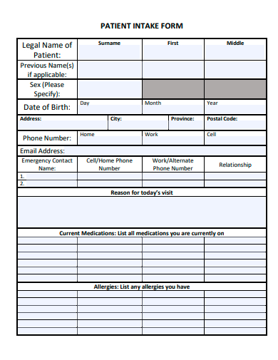 printable patient intake form template