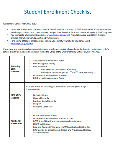 printable student enrollment checklist template