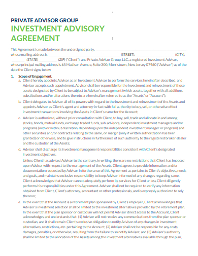 private investment advisory agreement template