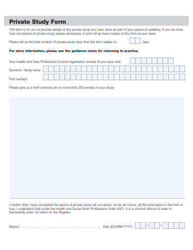 private study form template