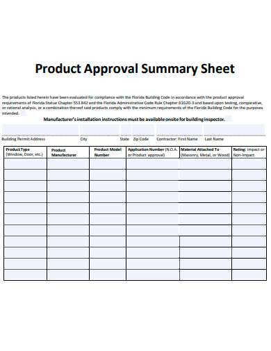 product approval summary sheet template
