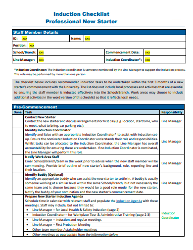 professional new starter induction checklist template