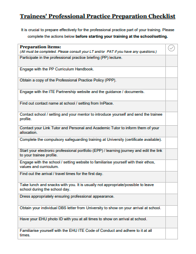 professional practice preparation checklist template