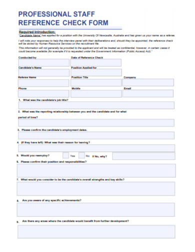 professional staff reference check form