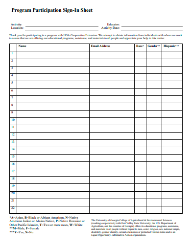 program participation sign in sheet template