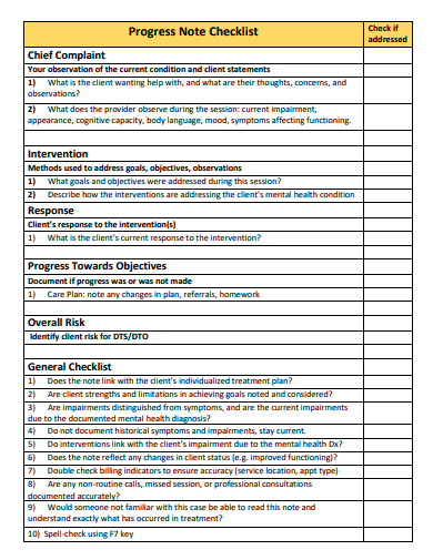 progress note checklist template