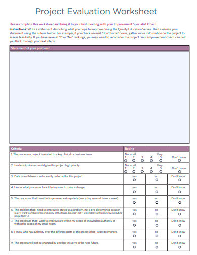 project evaluation worksheet template