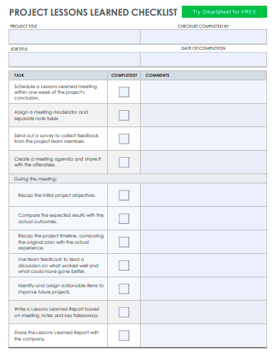 project lesson learned checklist template