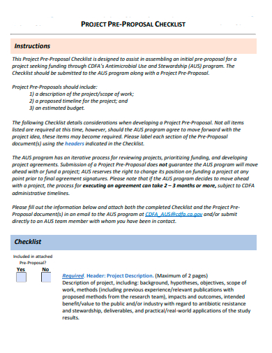 project pre proposal checklist template