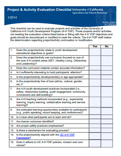 project and activity evaluation checklist template
