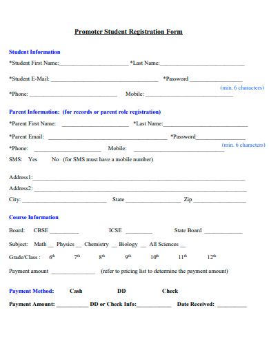 promoter student registration form template