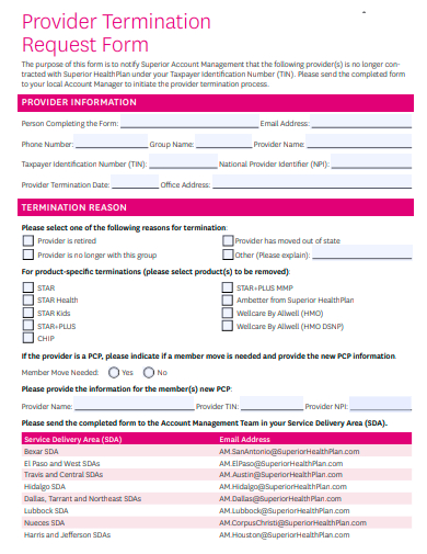 provider termination request form template