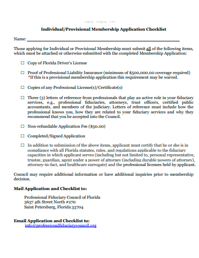 provisional membership application checklist template