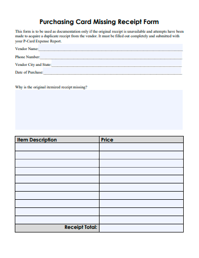 purchasing card missing receipt form template