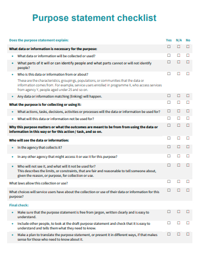 purpose statement checklist template