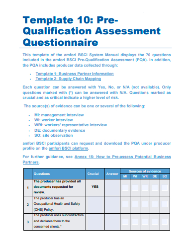 qualification assessment questionnaire template