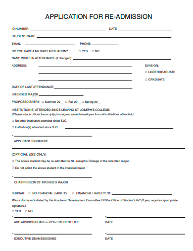 re admission application template
