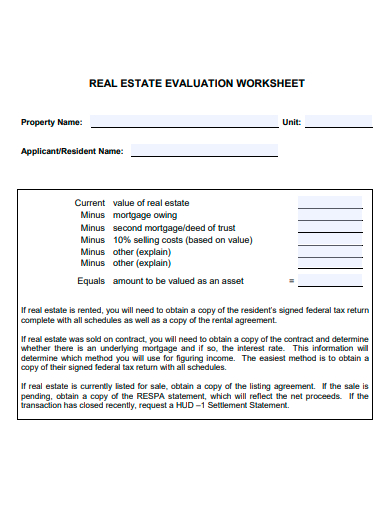 real estate evaluation worksheet template