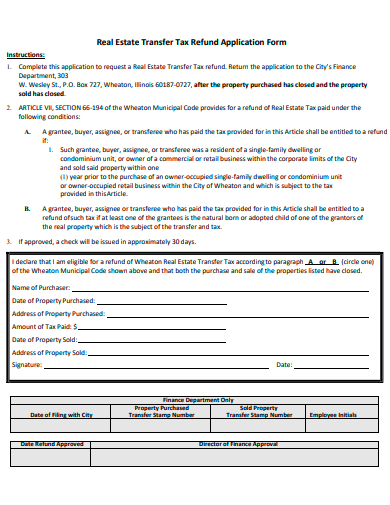 real estate transfer tax refund application form template