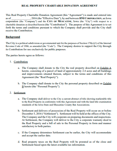 real property charitable donation agreement template