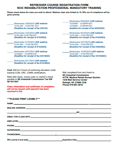 refresher course registration form template