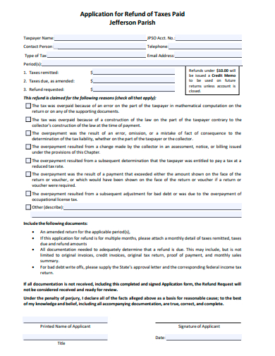 refund of taxes paid application template