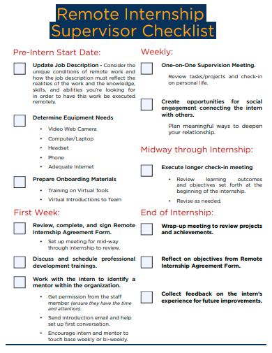 remote internship supervisor checklist template