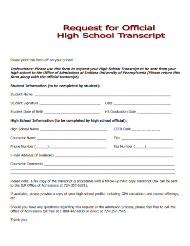 request for official high school transcript