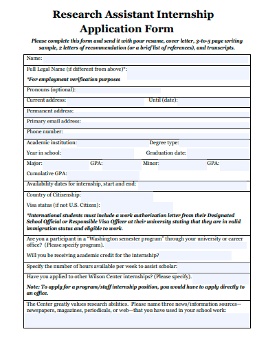 research assistant internship application form template